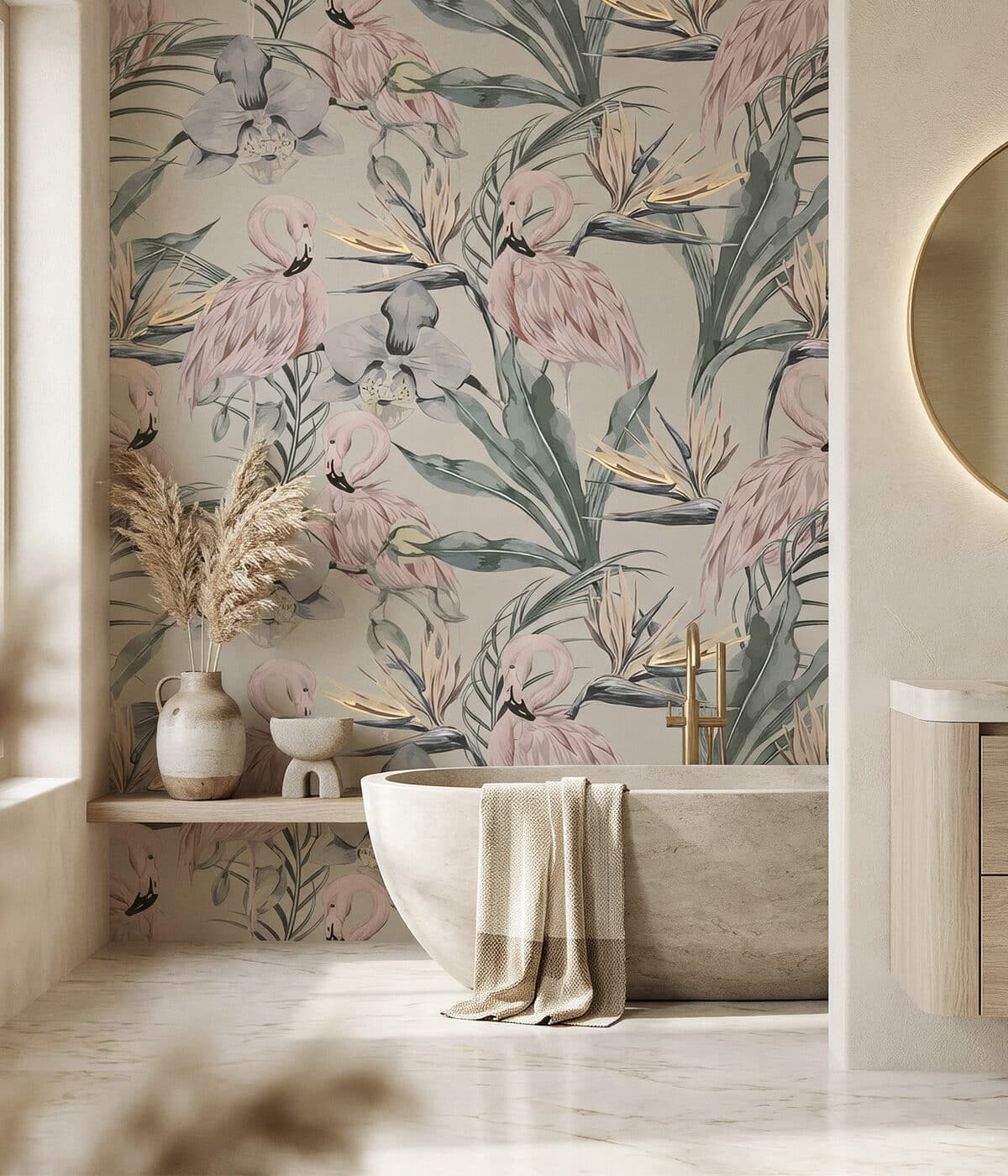 Botanical wallpaper in a refined bathroom interior